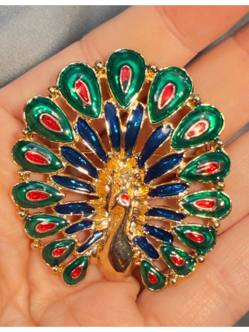 Peacock Vintage Brooch Colorful Enamel Rhinestone Gold Tone Statement 2.1"